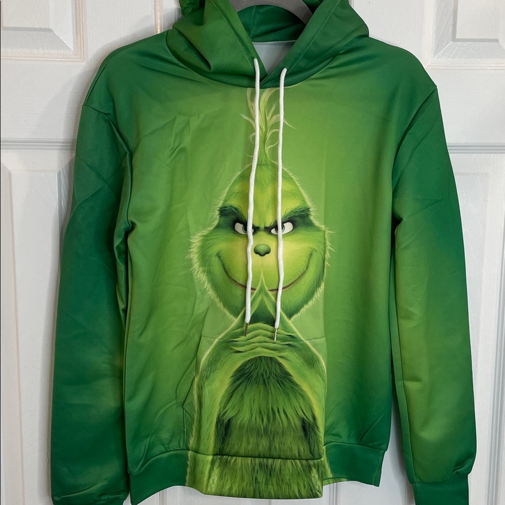 CHRISTMAS LONG SLEEVE GRAPHIC GRINCH WITH POCKET HOODIE SWEATSHIRT GREEN SIZE M